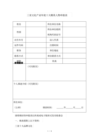 三亚文化产业年十大精英人物申报表