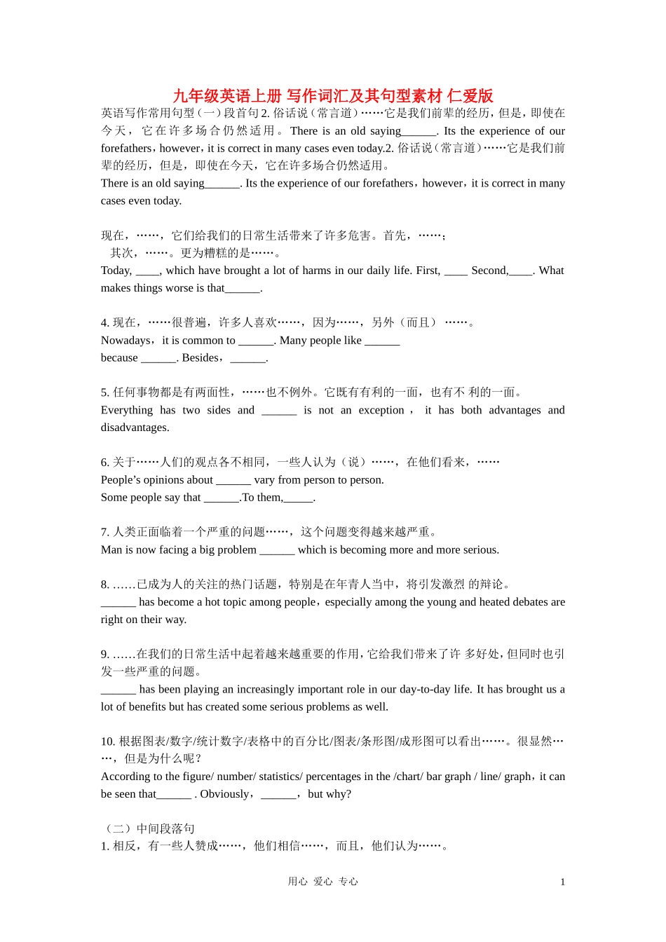 九年级英语上册_写作词汇及其句型素材_仁爱版_第1页