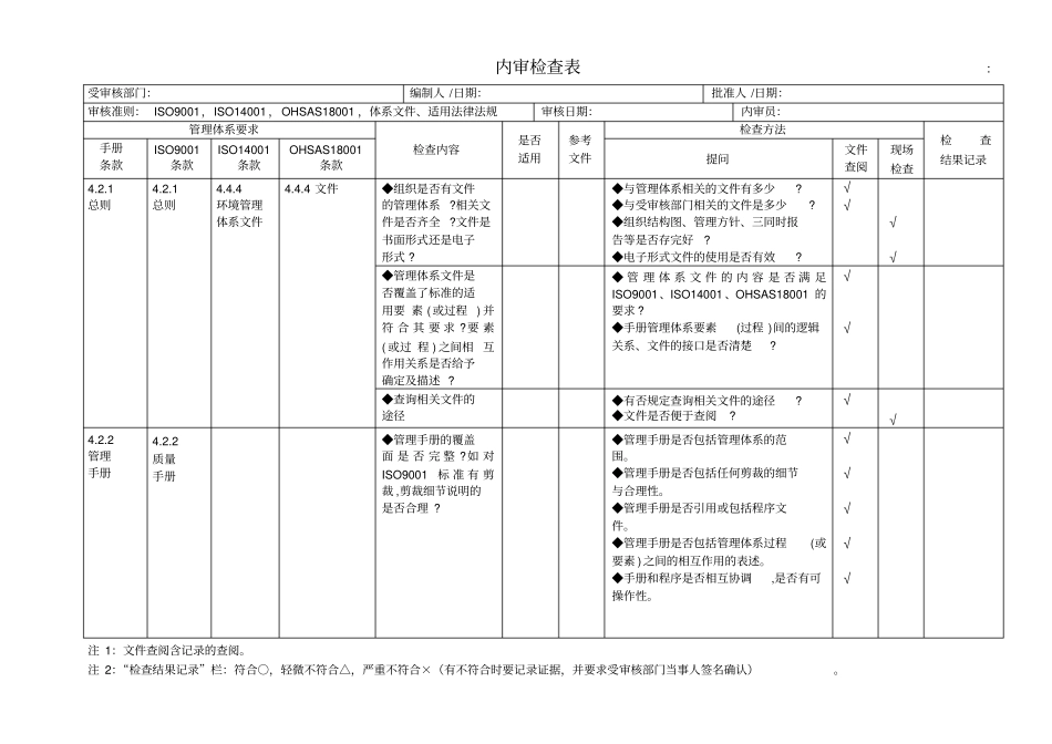 三体系内审检查表按标准条项仔细版_第1页