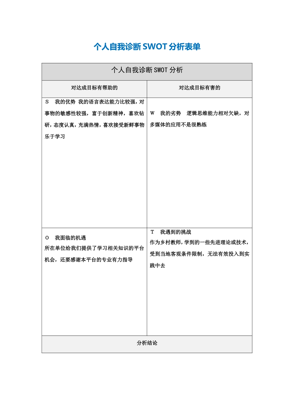 赵露露个人自我诊断SWOT分析表_第1页