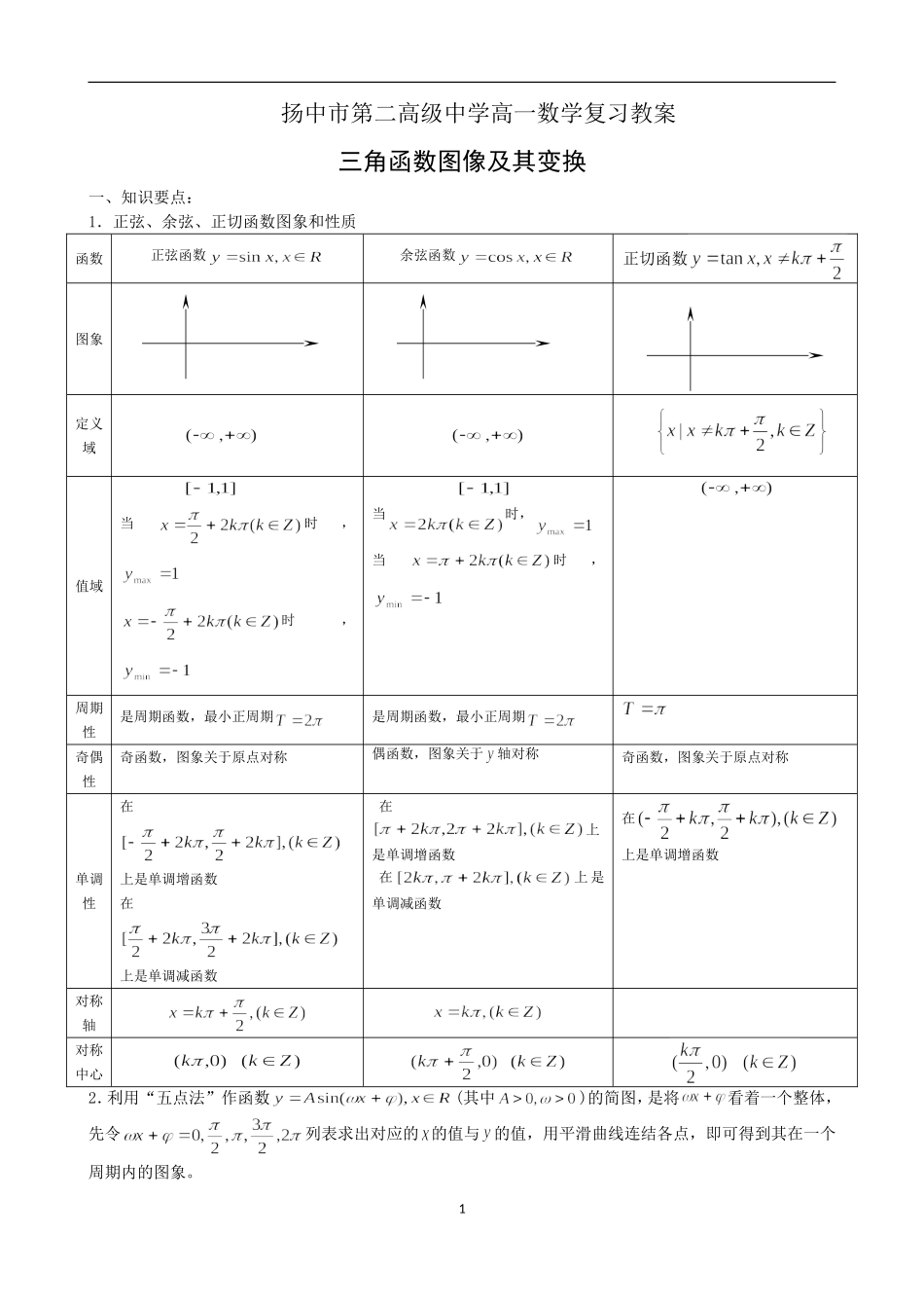 三角函数图像及其变换复习教学案_第1页