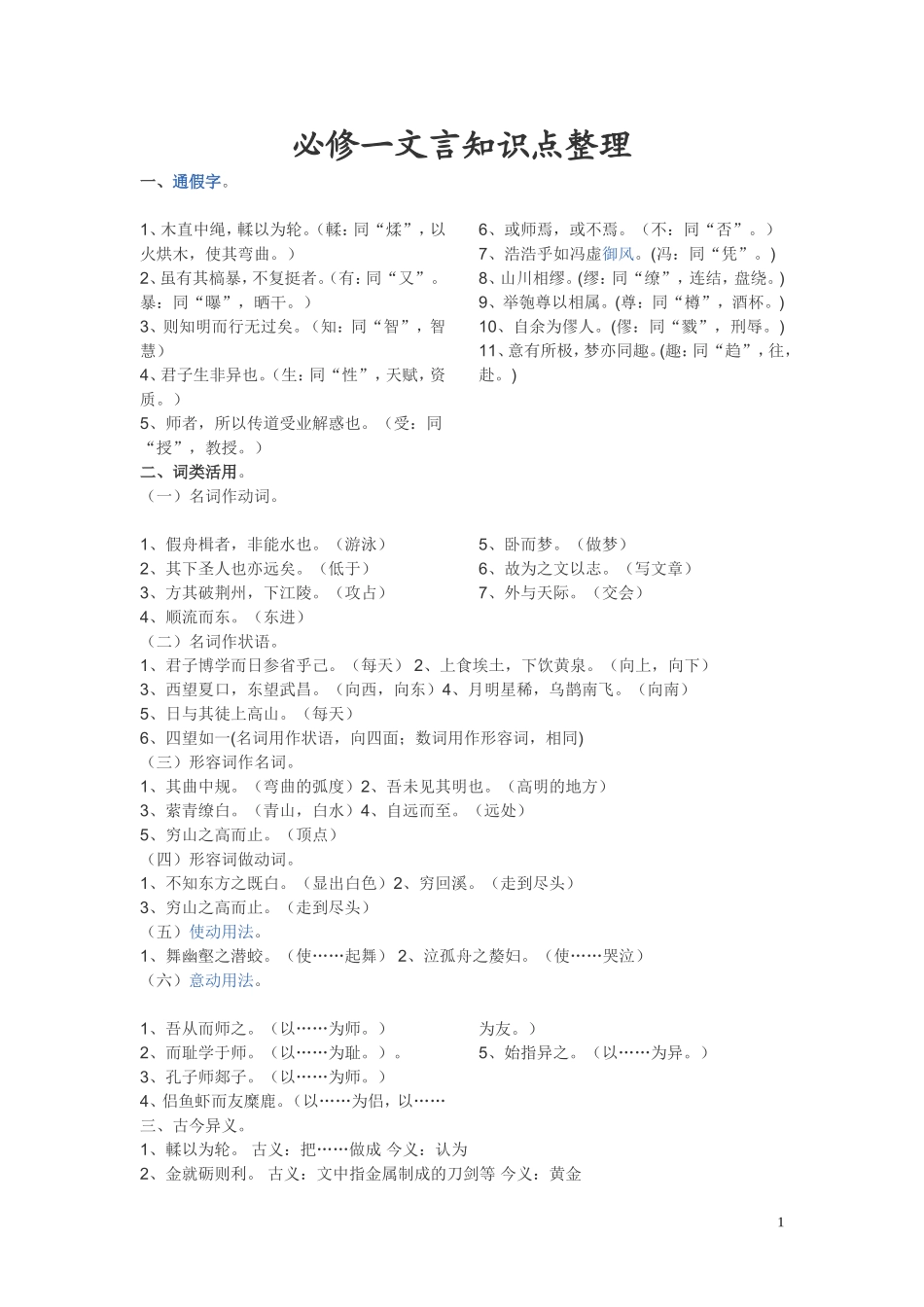 必修一文言知识点整理_第1页