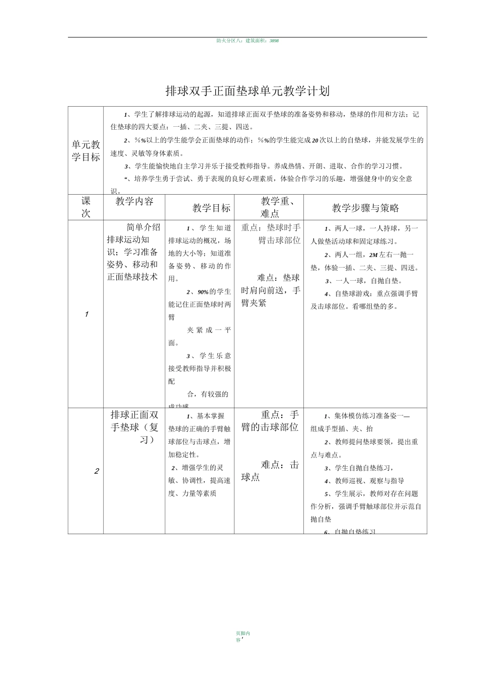 排球双手正面垫球单元教学计划_第1页