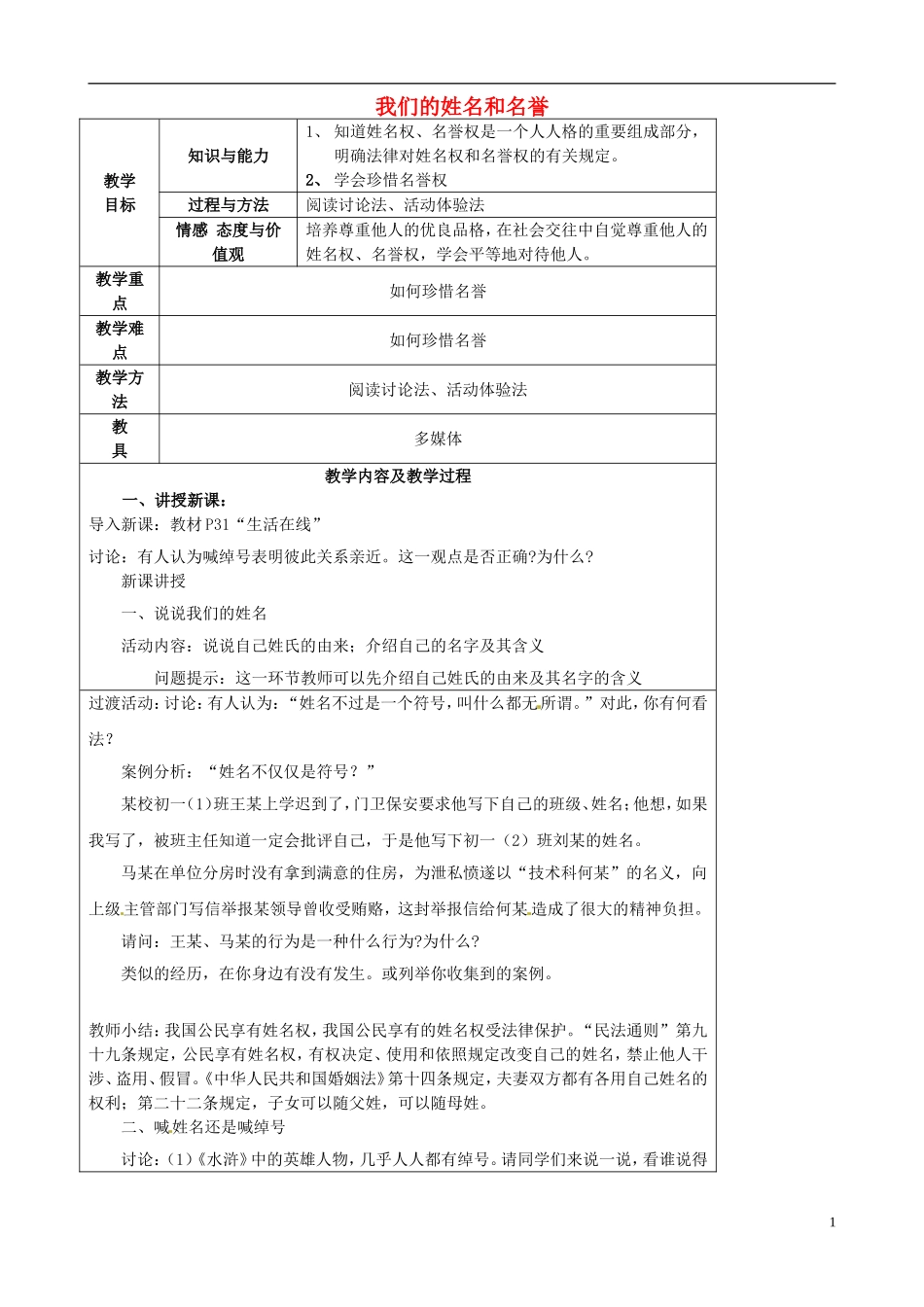 江苏省太仓市第二中学七年级政治上册《第四课第一框我们的姓名和名誉》教案苏教版_第1页