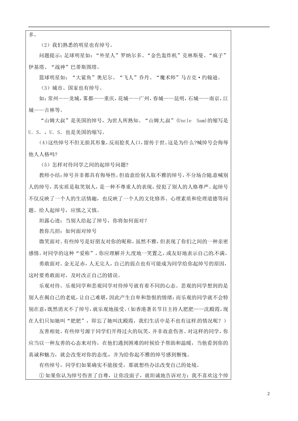江苏省太仓市第二中学七年级政治上册《第四课第一框我们的姓名和名誉》教案苏教版_第2页