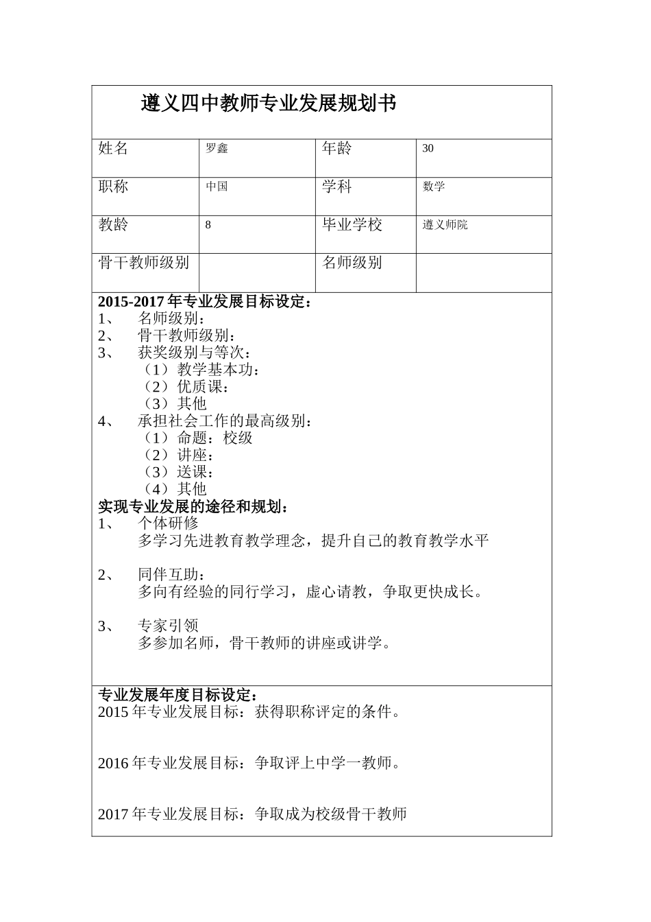 罗鑫--遵义四中教师专业发展规划书_第1页