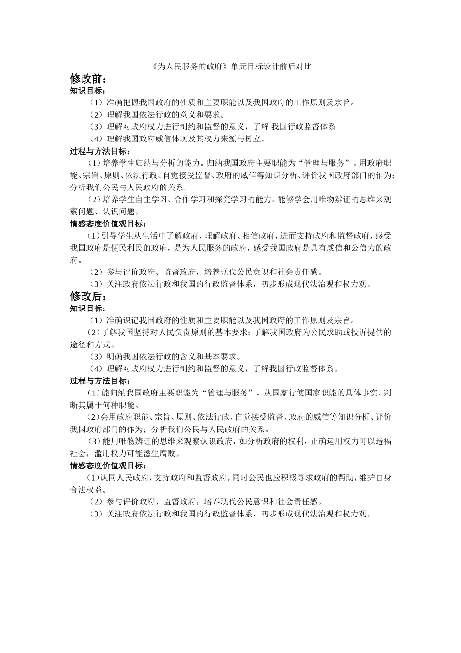 《为人民服务的政府》单元目标设计前后对比_第1页