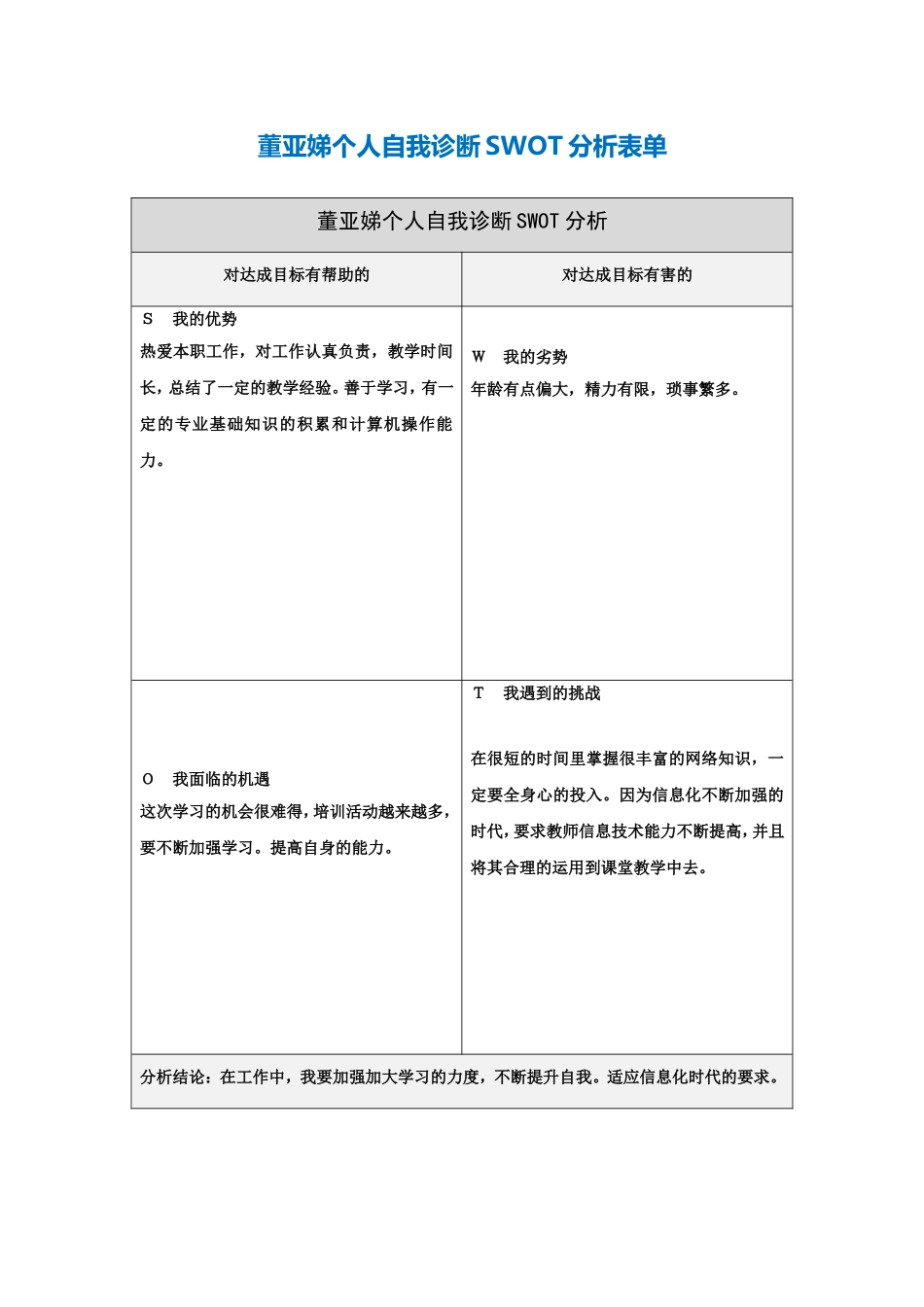 董亚娣个人自我诊断SWOT分析表_第1页