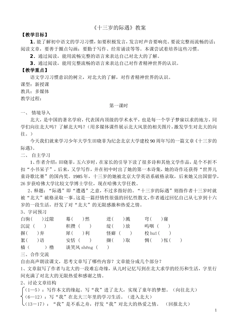 十三岁的际遇集备教案_第1页