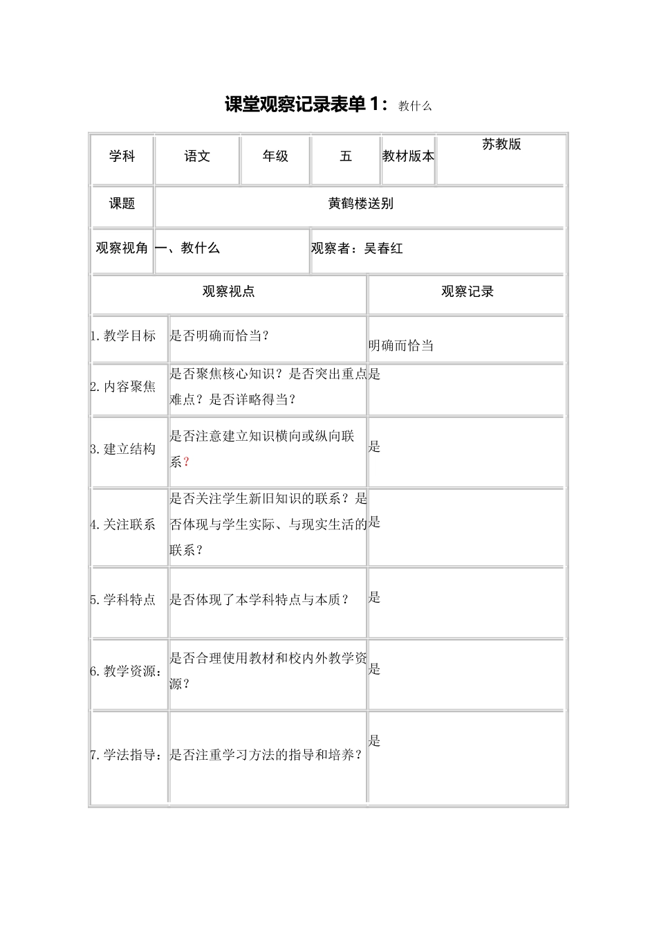 《黄鹤楼送别》课堂观察记录表单吴春红_第1页