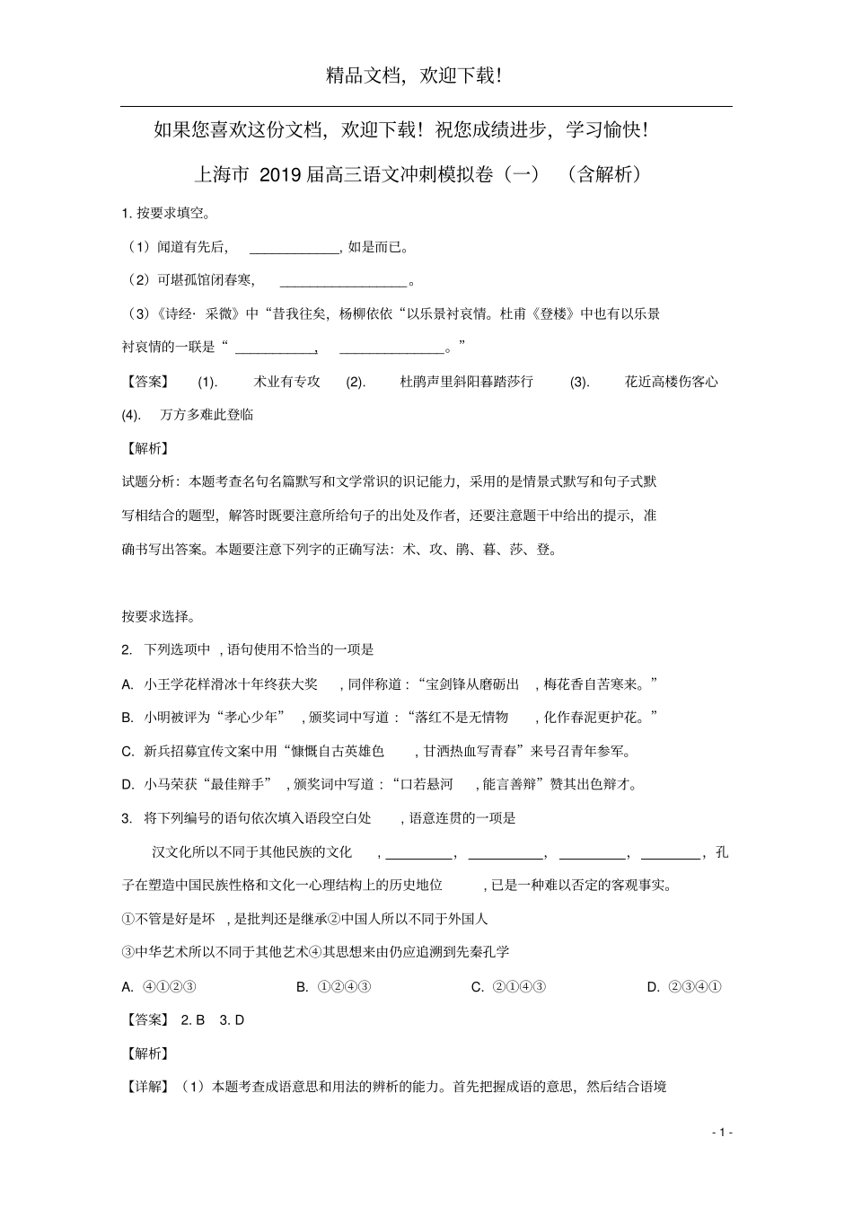 上海2019届高三语文冲刺模拟卷一含解析_第1页