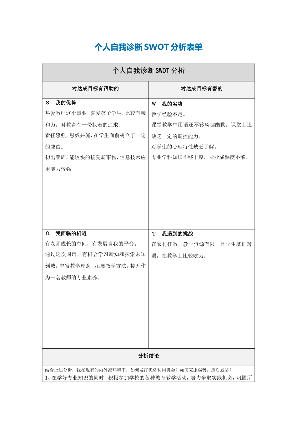 蔡凌个人自我诊断SWOT分析表_第1页