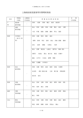上海南站始发旅客列车简明时刻表