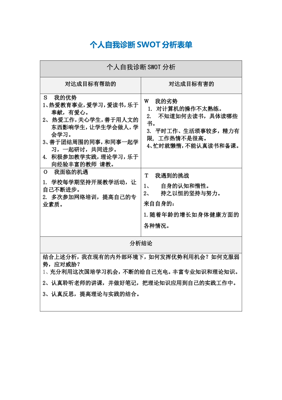 贺盈浩：个人自我诊断SWOT分析表_第1页