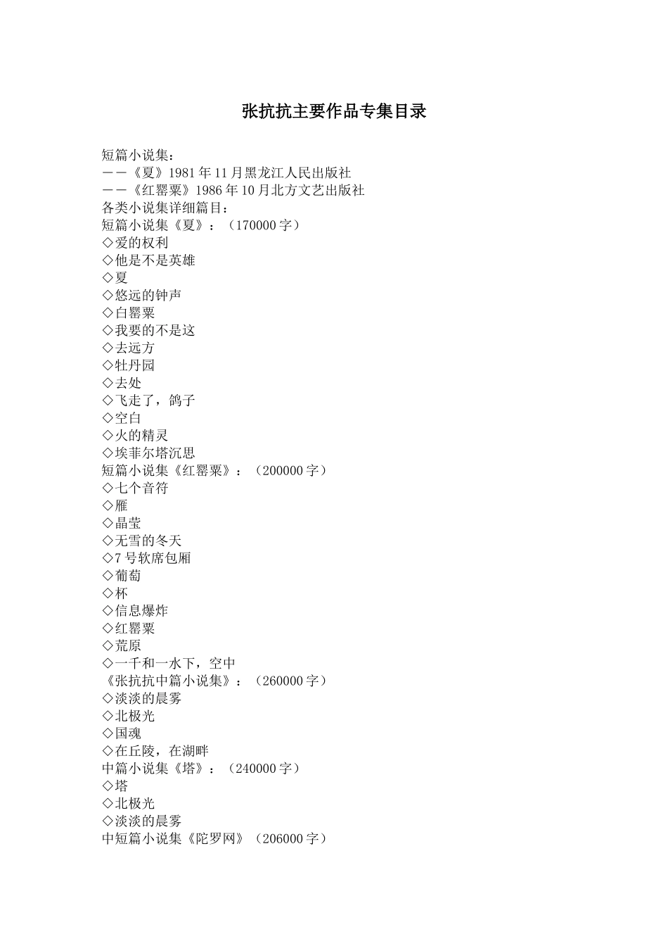 张抗抗主要作品专集目录_第1页