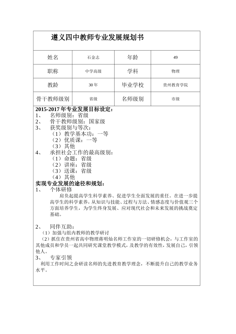 石金志---遵义四中教师专业发展规划书_第1页
