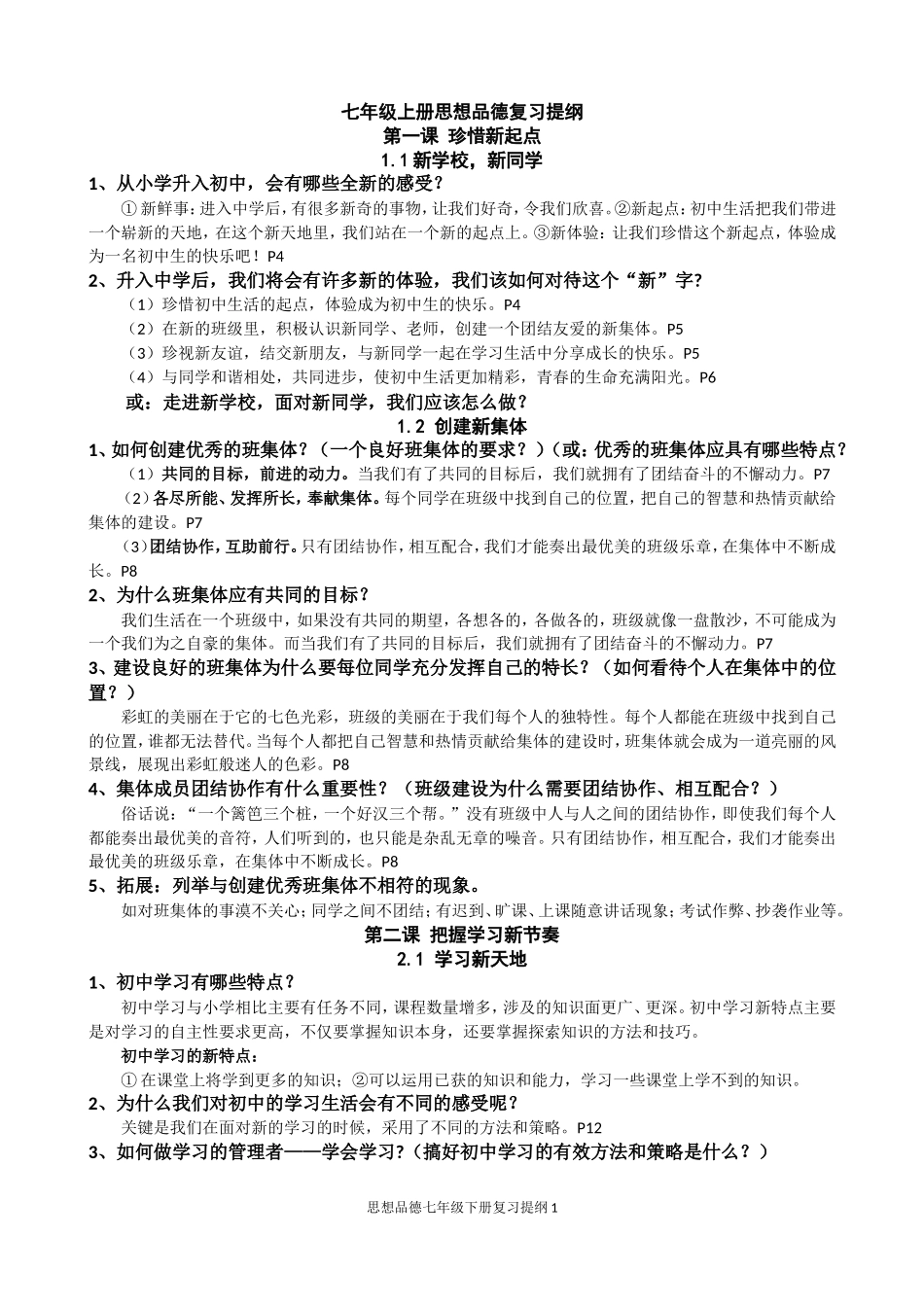 教学有用七年级上下册思想品德复习提纲（原创）_第1页
