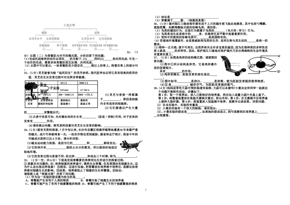 初二八上生物期中考试卷刘淑华_第2页