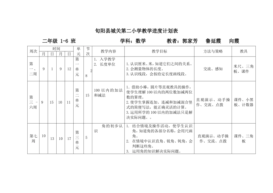 二年级数学上册教学进度表_第1页