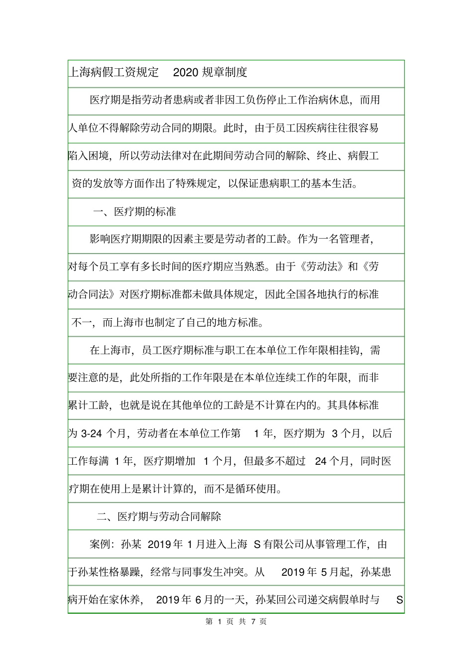 上海病假工资规定2020规章制度_第1页