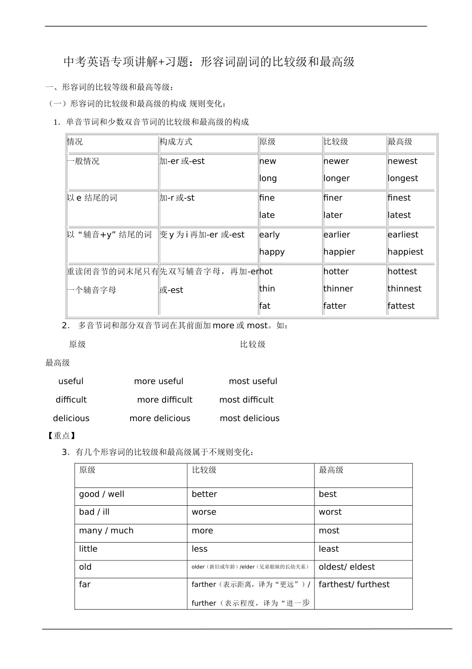 中考英语形容词副词的比较级&最高级专项讲解+习题+答案_第1页