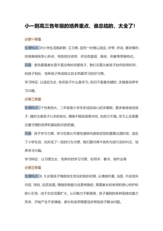 小一到高三各年级的培养重点，谁总结的，太全了！