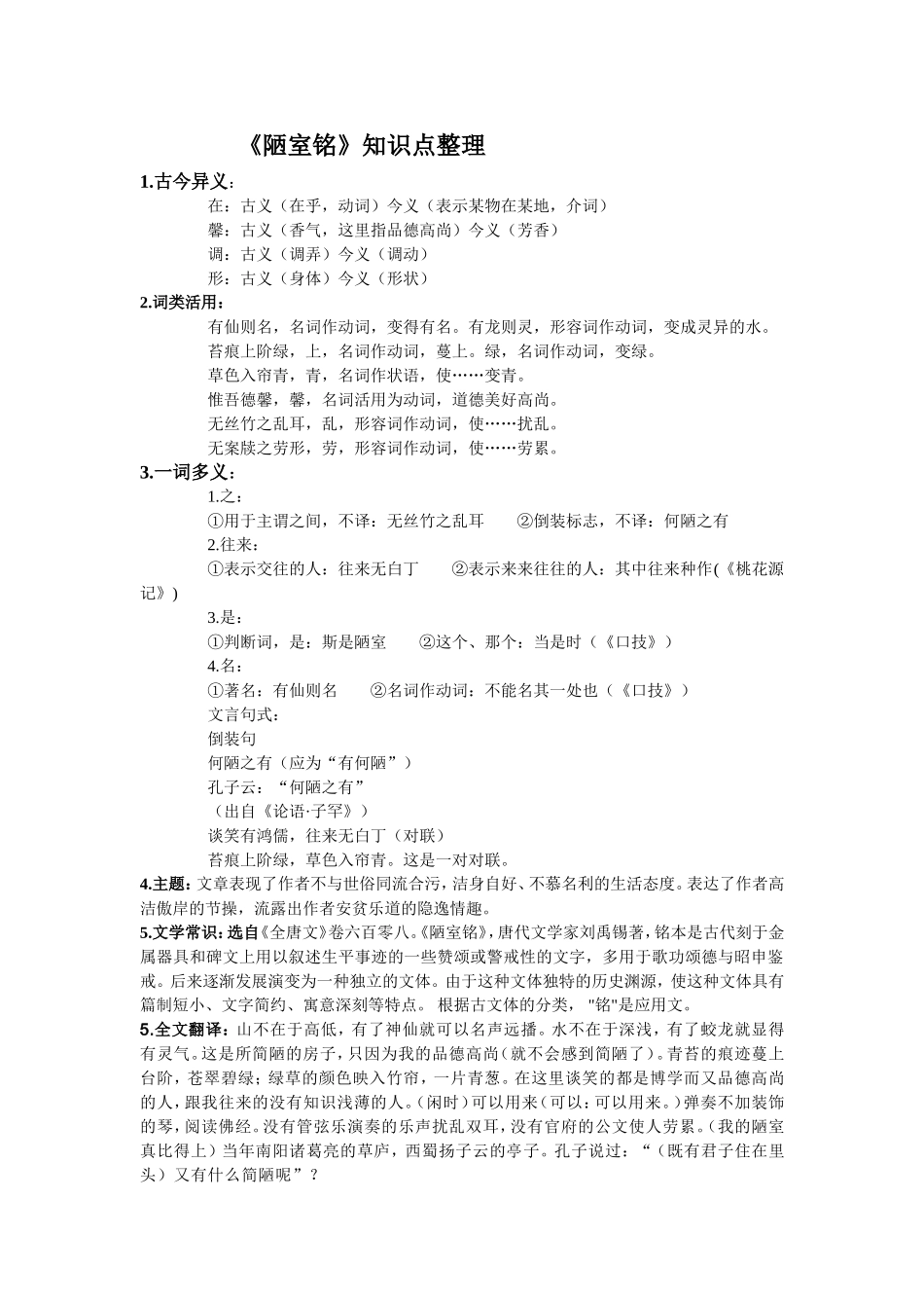 陋室铭知识点总结_第1页