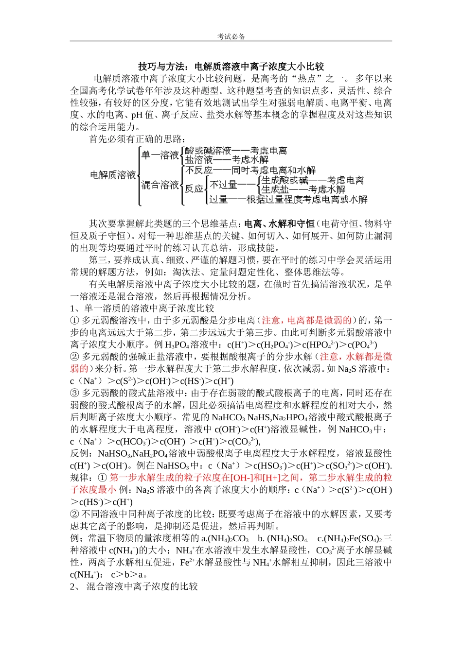 技巧与方法：电解质溶液中离子浓度大小比较_第1页