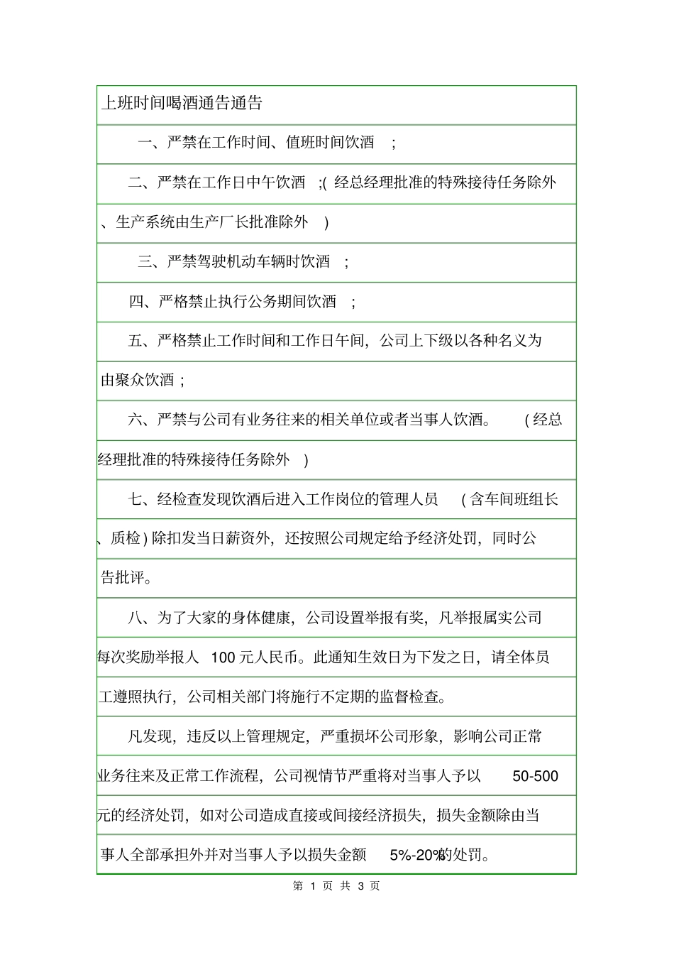 上班时间喝酒通告通告_第1页