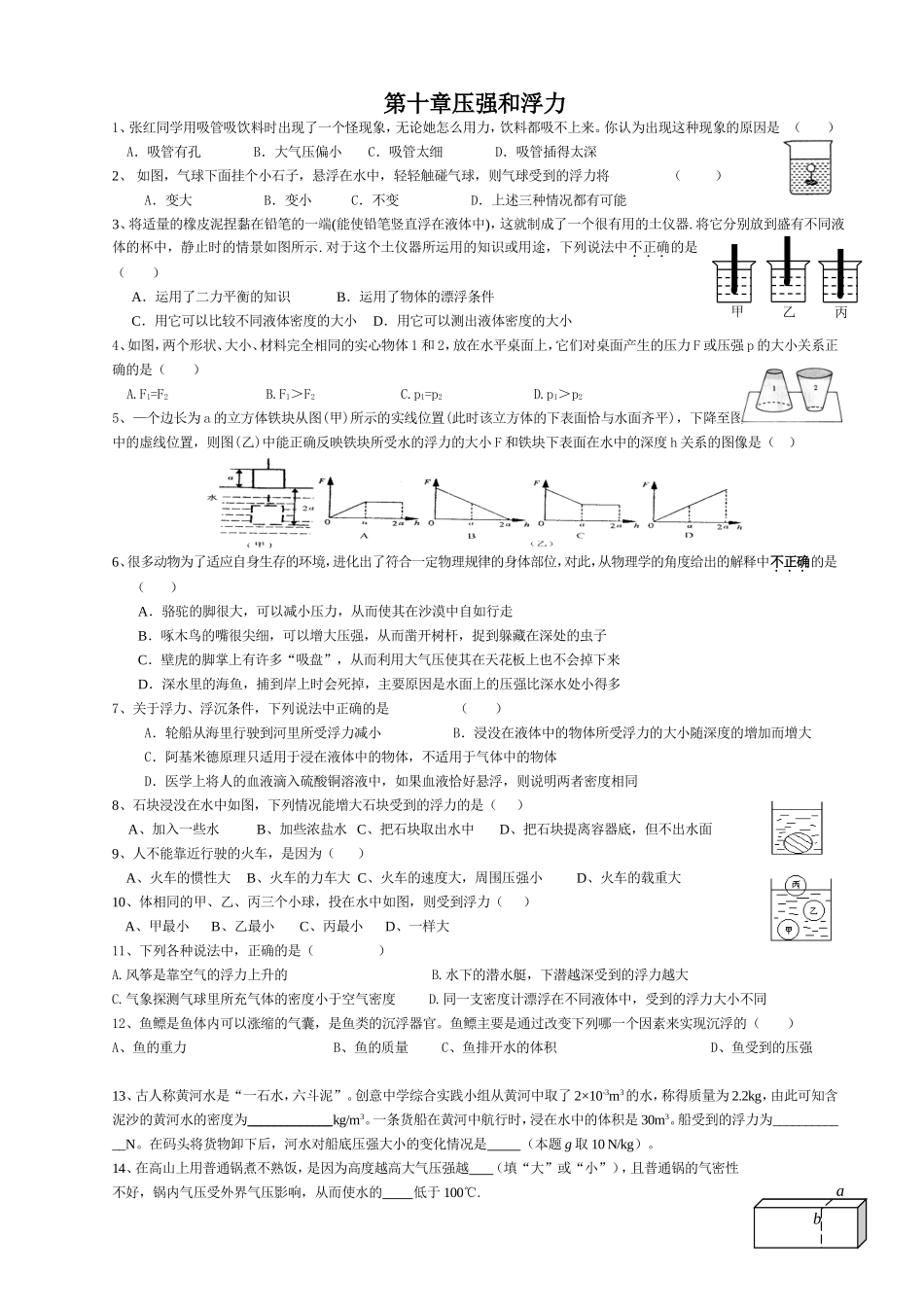 第十章压强和浮力复习题_第1页