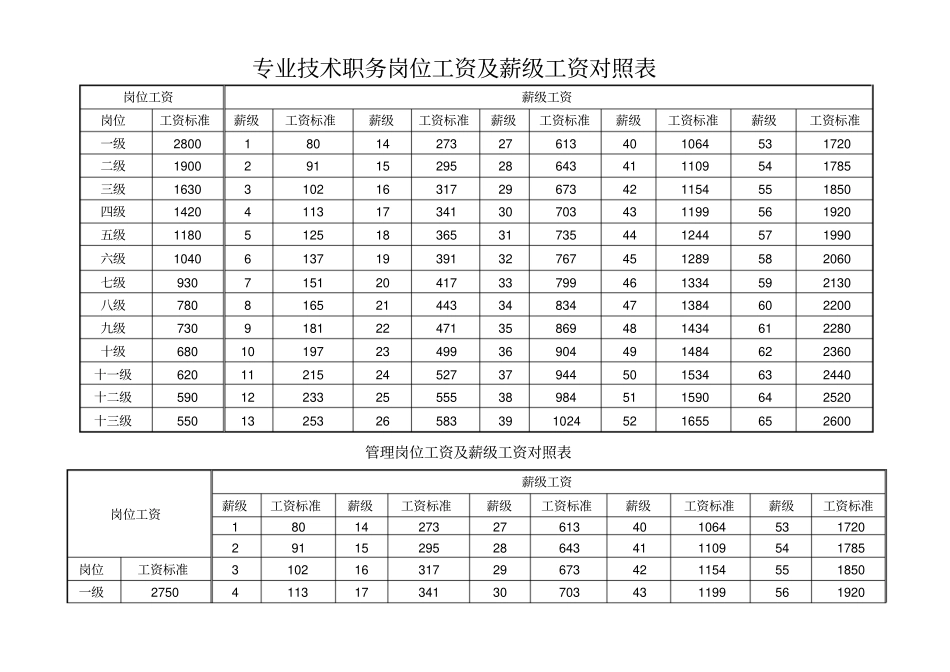 专业技术职务岗位工资及薪级工资对照表_第1页