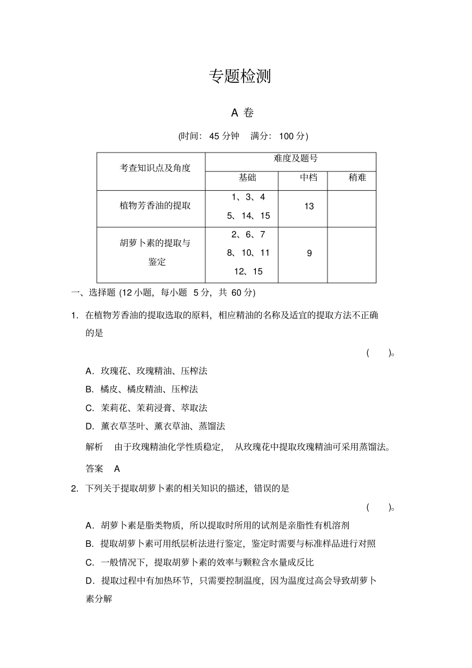 专题6植物有效成分的提取专题整合练习人教版选修1_第1页