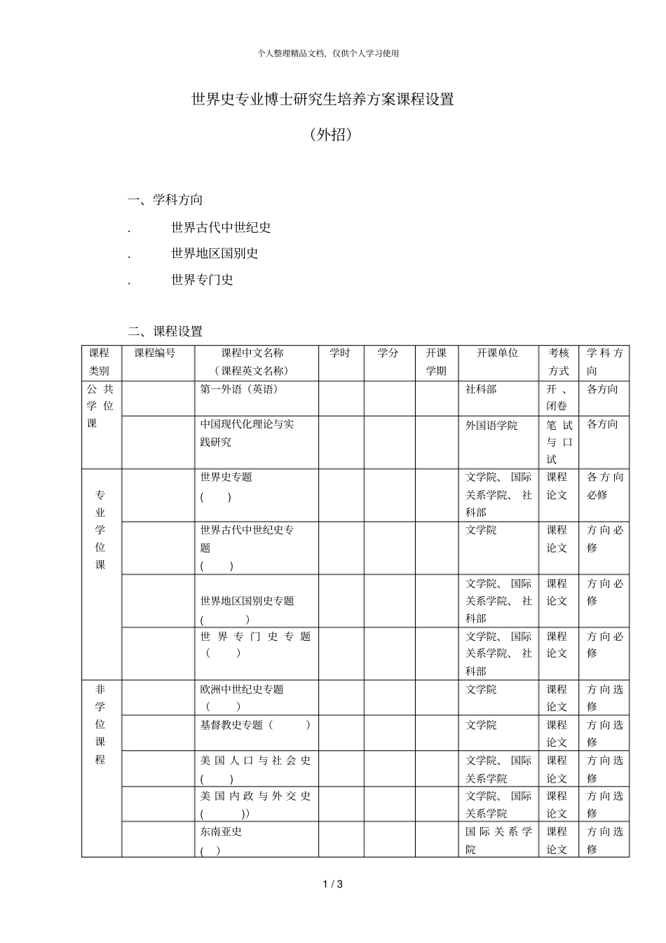 世界史专业博士研究生培养方案课程设置_第1页