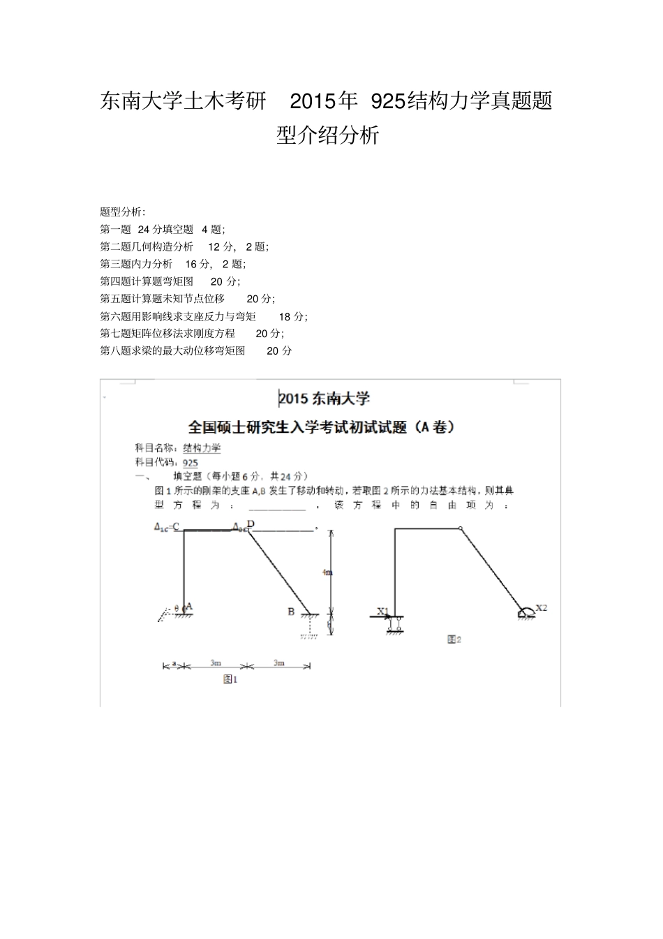 东南大学土木考研2015年925结构力学真题题型介绍分析_第1页
