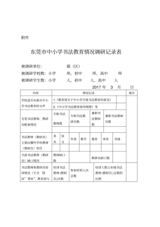 东莞中小学书法教育情况调研记录表