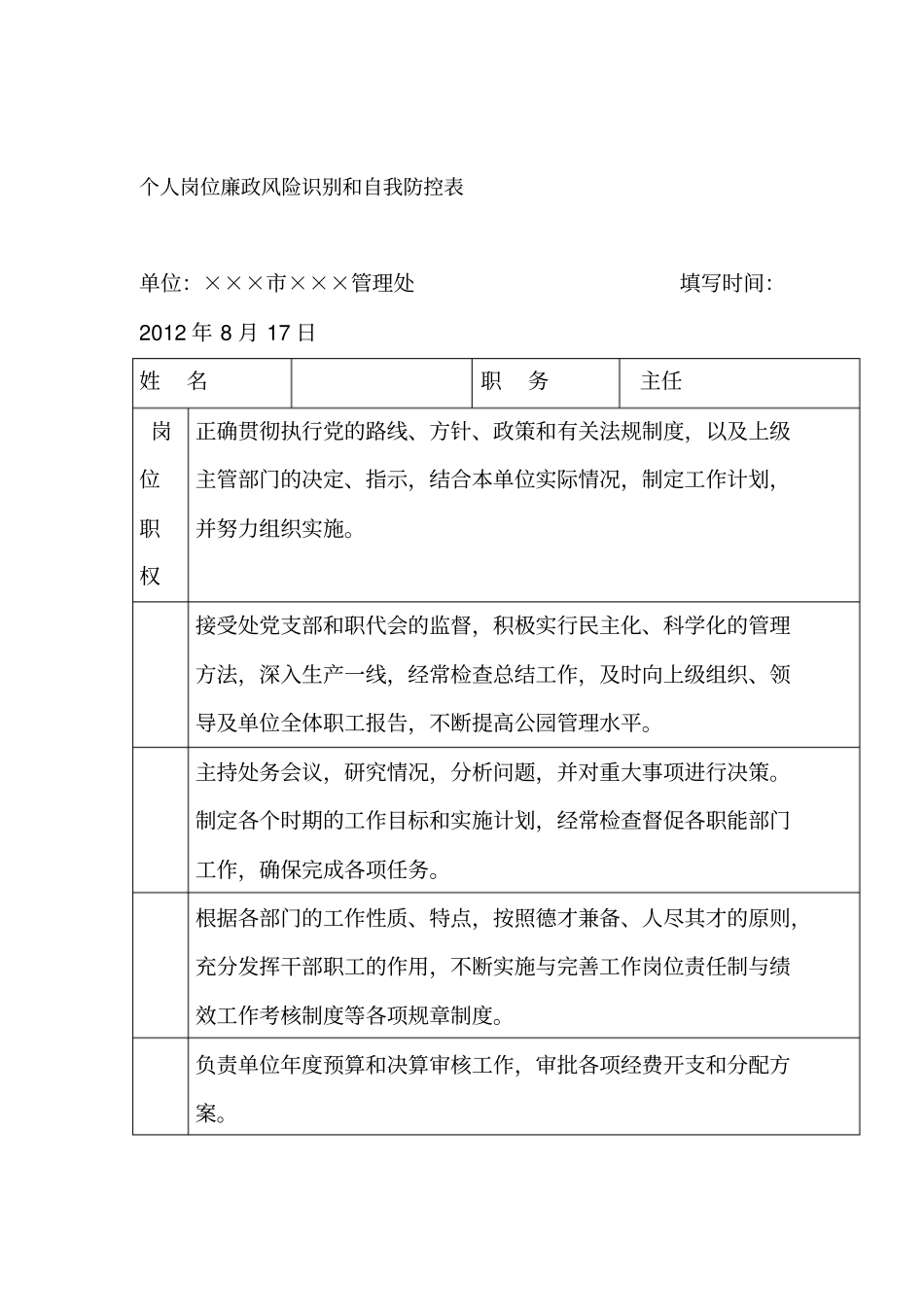 个人岗位廉政风险识别和自我防控表_第1页