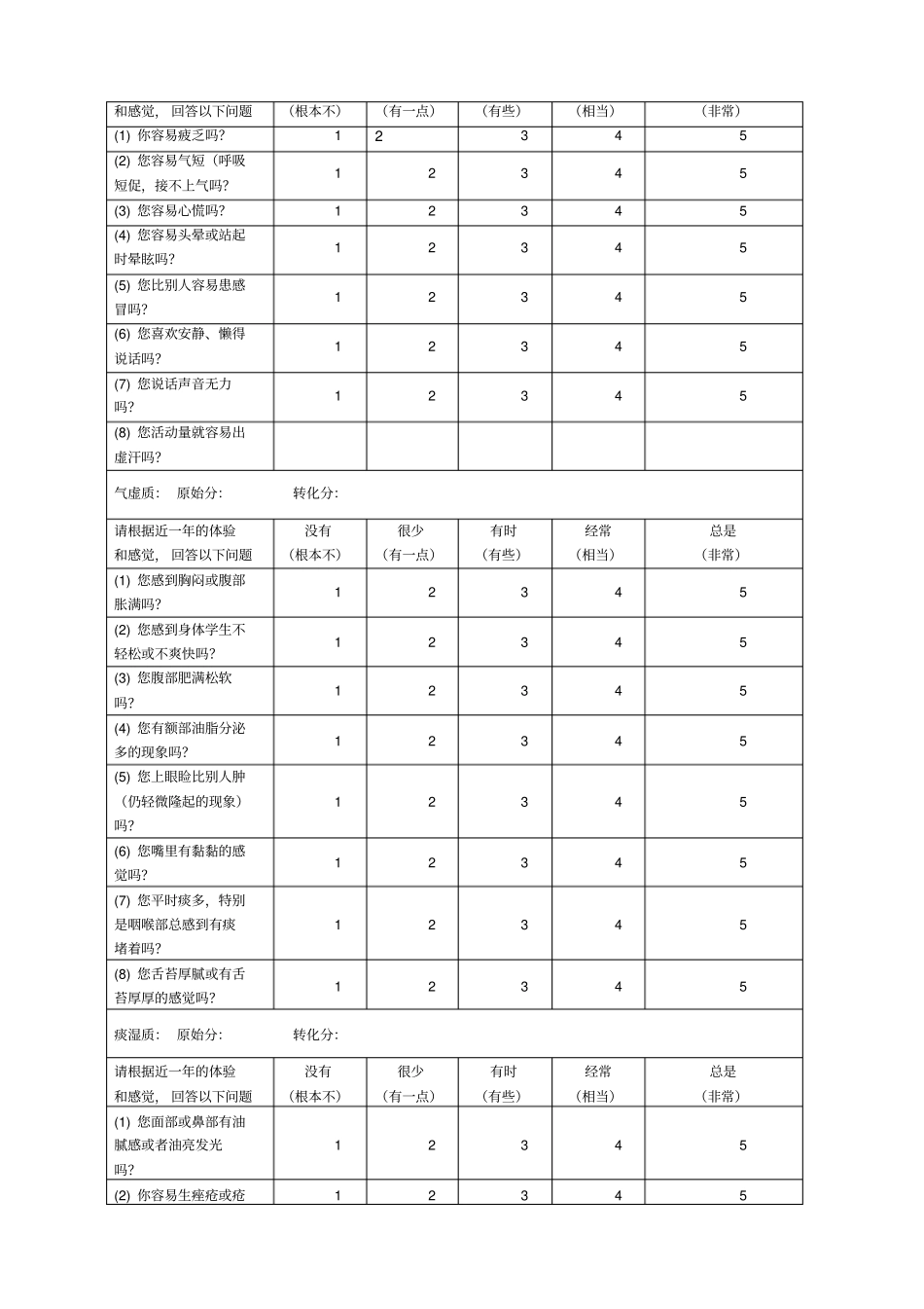 中医体质量表方便版_第2页