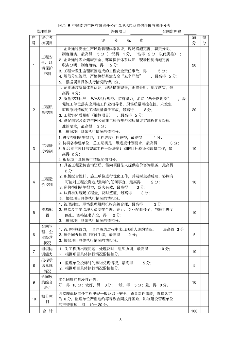 中国南方电网有限责任公司承包商资信评价考核评分表_第3页