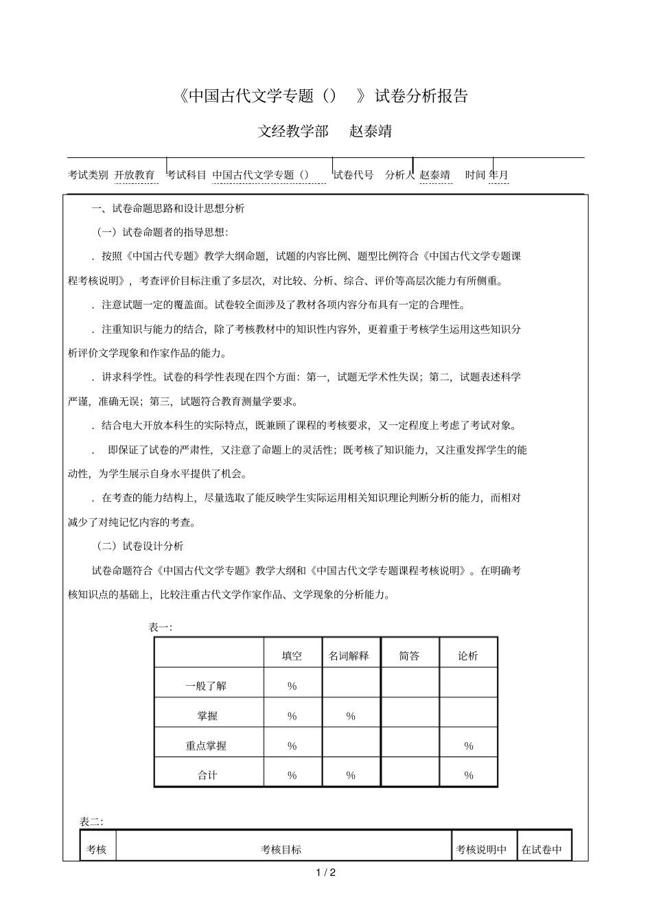 中国古代文学专题试卷分析报告_第1页