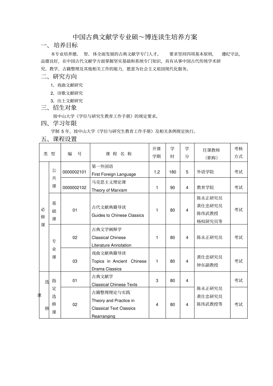 中国古典文献学专业硕～博连读生培养方案_第1页
