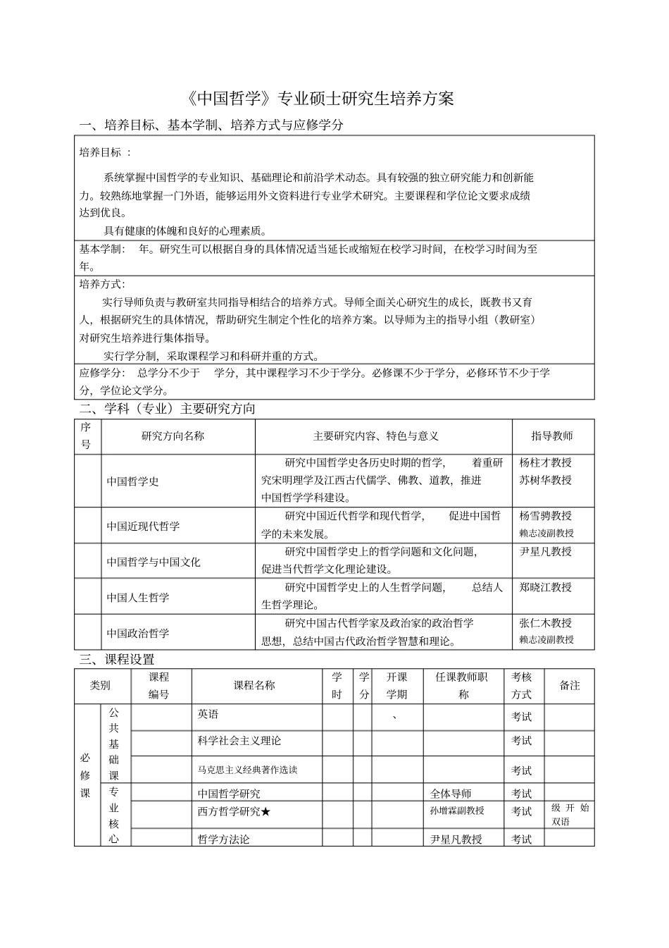中国哲学专业硕士研究生培养方案_第1页