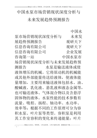 中国水泵场营销现状深度分析与未来发展趋势预测报告