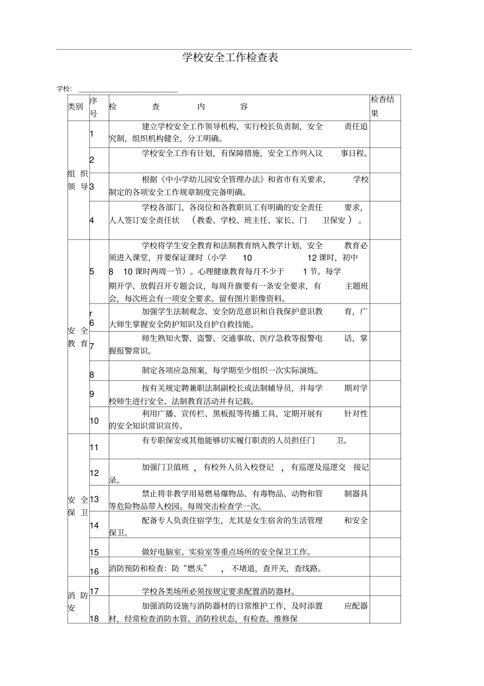 中小学学校安全工作检查表_第1页