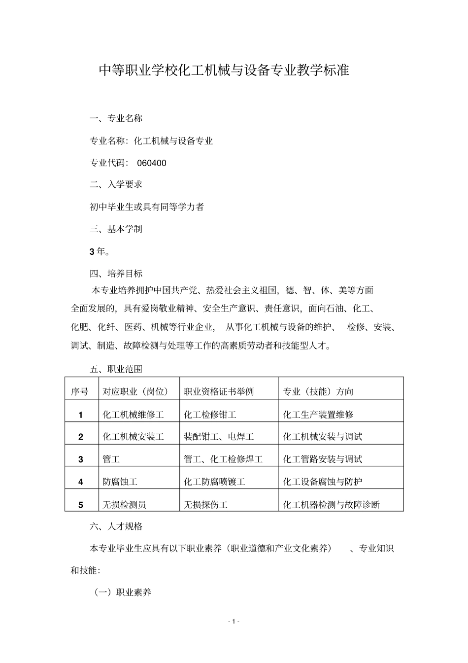 中等职业学校化工机械与设备专业教学标准_第1页