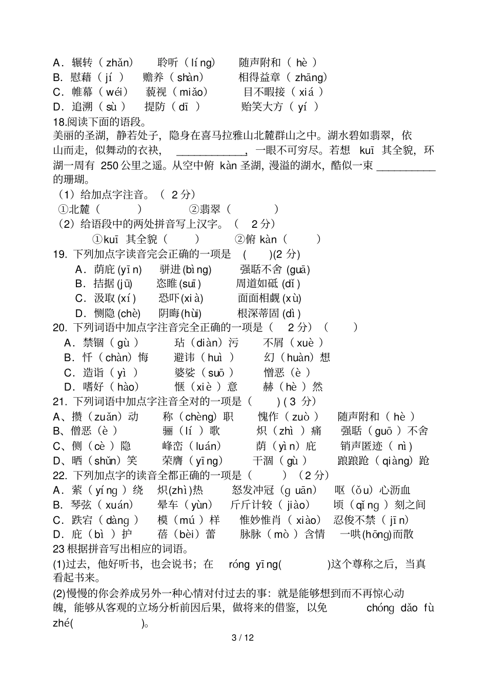 中考专项复习考试之拼音词语_第3页