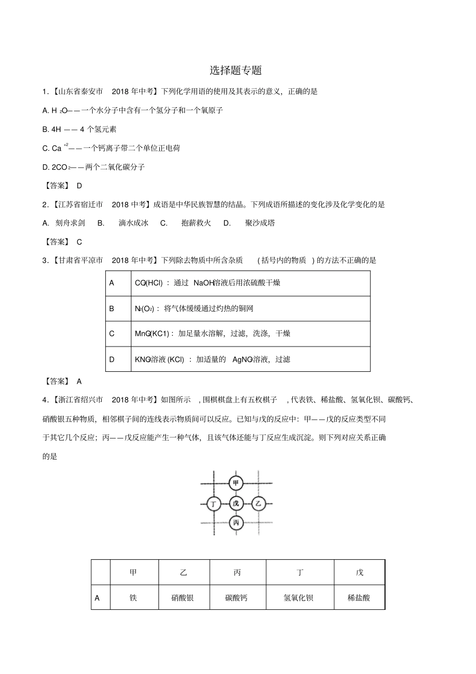中考化学各地考题分类练习卷选择题专题_第1页