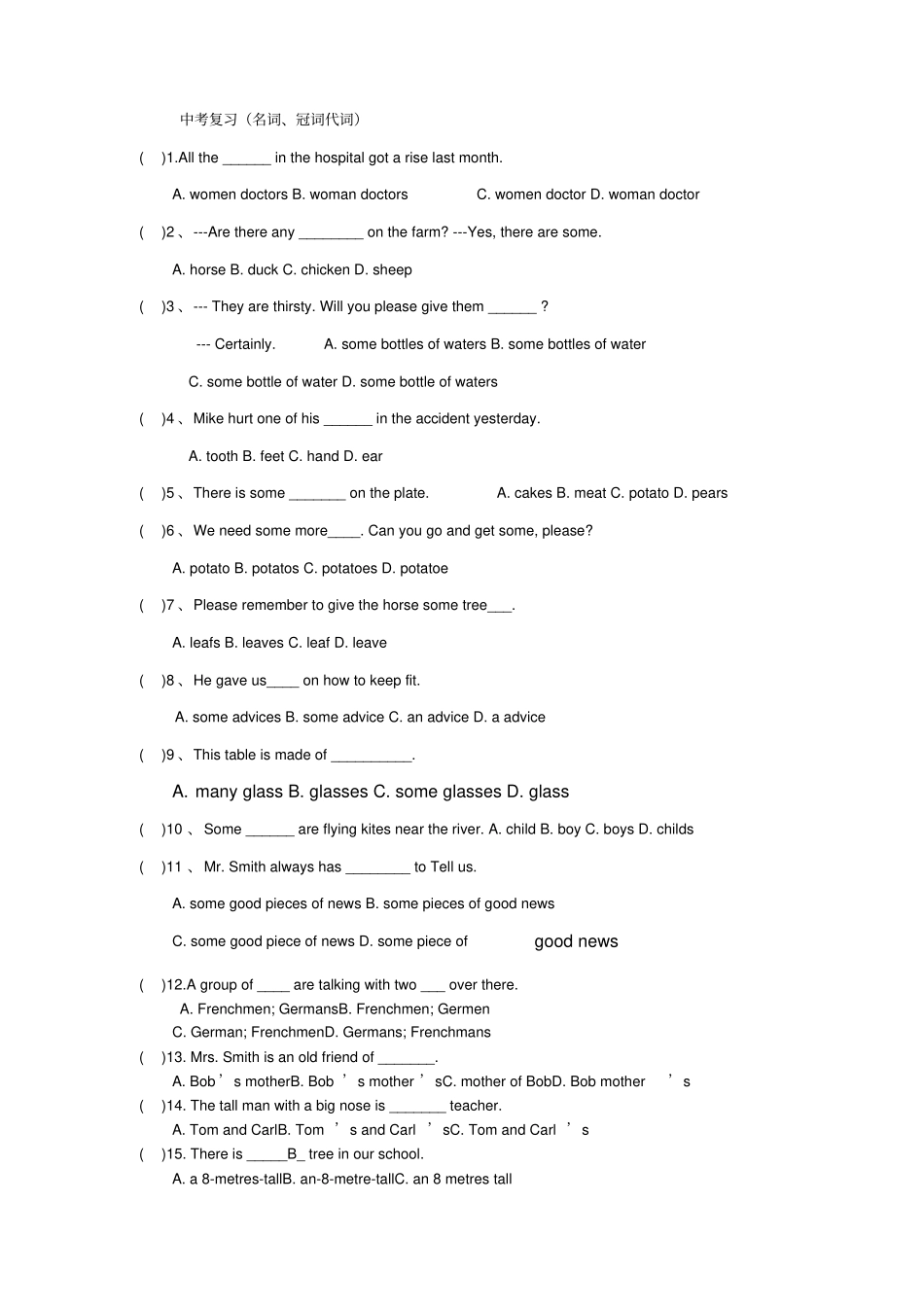 中考名词冠词代词练习1_第1页