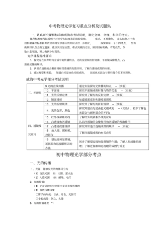 中考物理光学复习重点分析及试题集剖析