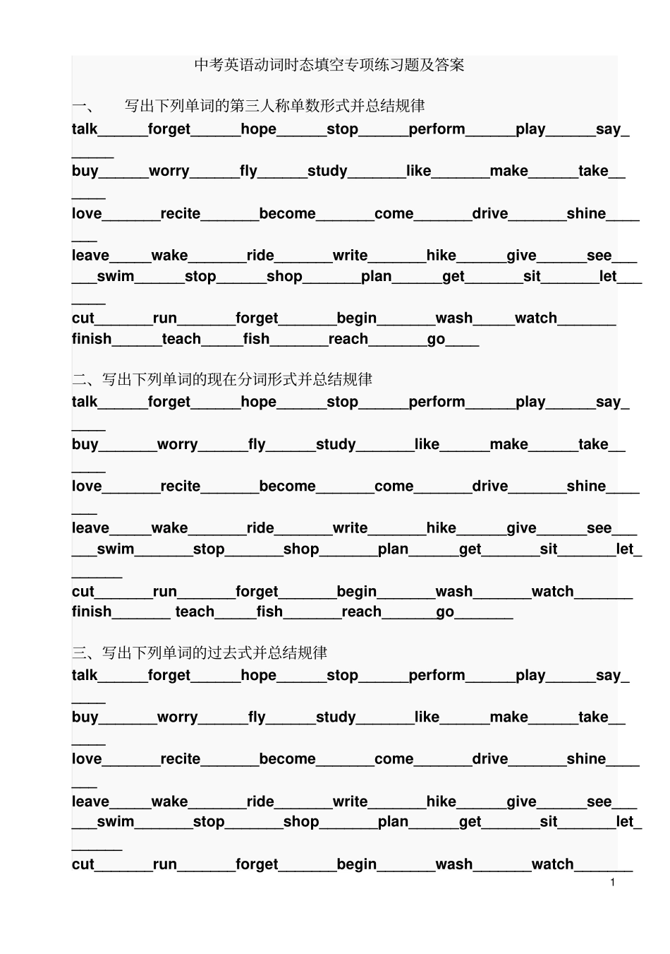 中考英语动词时态填空专项练习题及答案_第1页