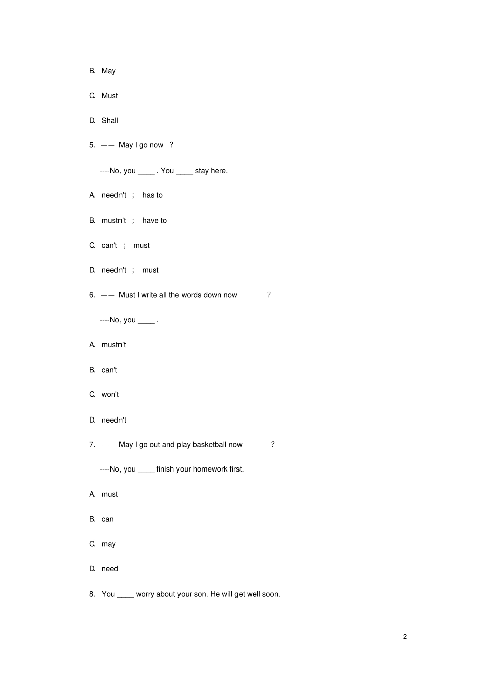 中考英语语法测试情态动词_第2页